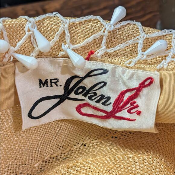 Vintage 1960s MCM Beaded Light Beige Woven Straw Puffy Bubble Hat, Mr. John Jr. - Picture 7 of 8